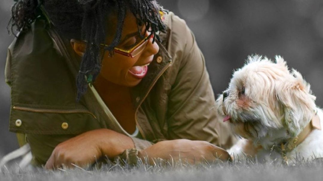 une maîtresse et son chien sont couchés dans l'herbe, ils se regardent dans les yeux. 