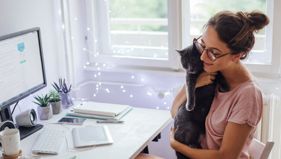 Femme câlinant un chat devant son bureau