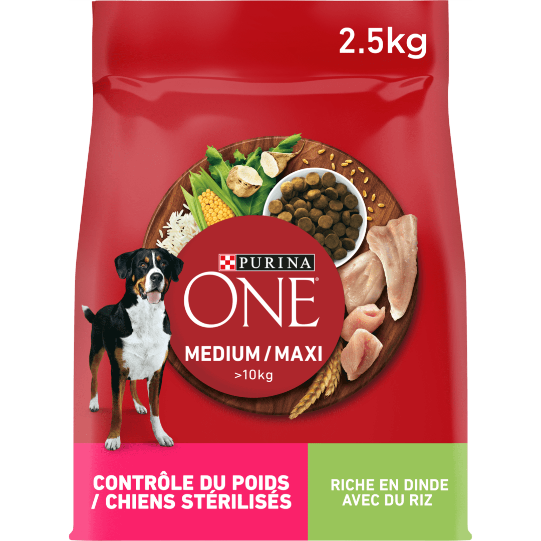 PURINA® ONE® MEDIUM MAXI > 10kg Weight Control, Croquettes pour chien en surpoids ou stérilisé Riche en Dinde avec du Riz