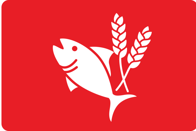 logo avec le grain et le poissons sur fond rouge