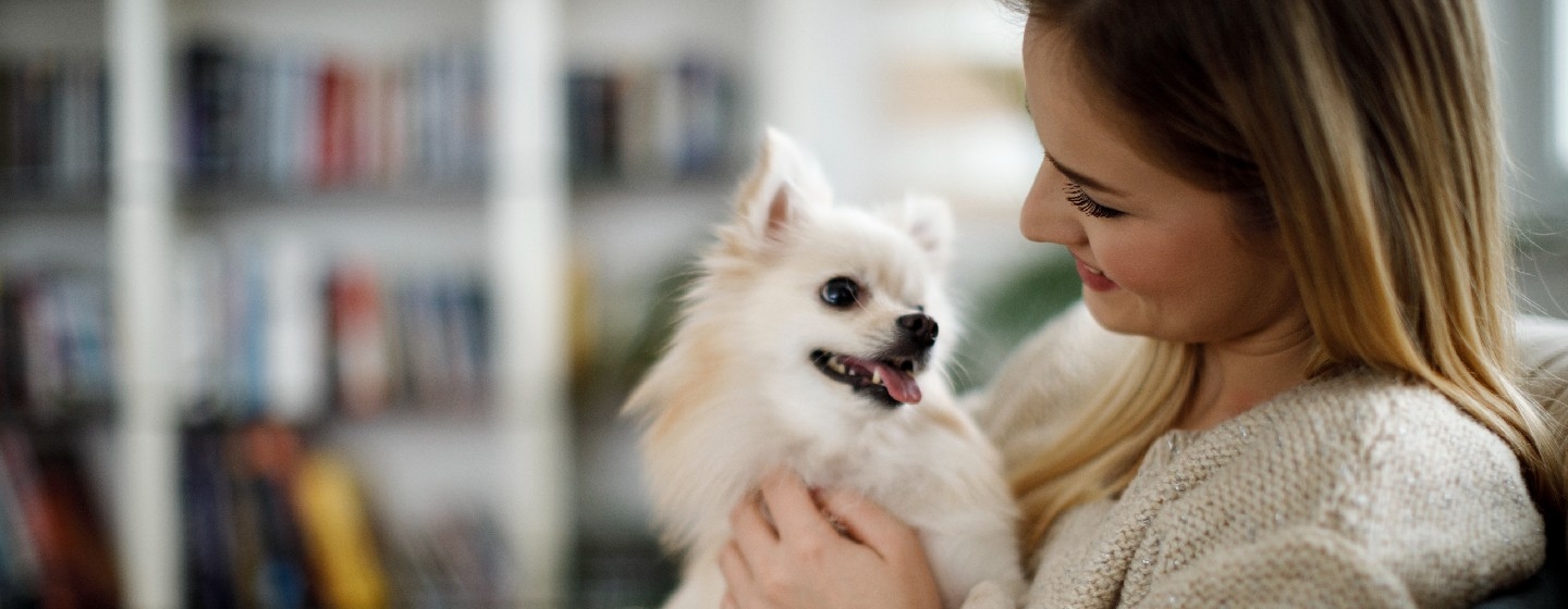 Femme avec un chien blanc à la maison