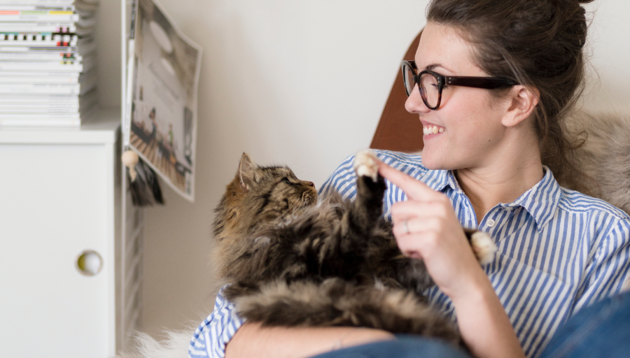 Une femme assise avec son chat sur les genoux touchae sa patte avec son doigt