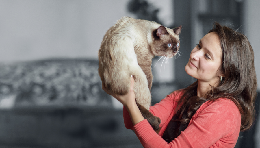 Une femme regarde son chat tout en le tenant dans les airs