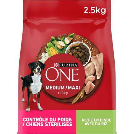PURINA® ONE® MEDIUM MAXI > 10kg Weight Control, Croquettes pour chien en surpoids ou stérilisé Riche en Dinde avec du Riz