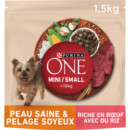 Purina® ONE® MINI/SMALL < 10kg Peau saine & Pelage soyeux Riche en Bœuf avec du riz - Croquettes pour petit chien Bienfaits