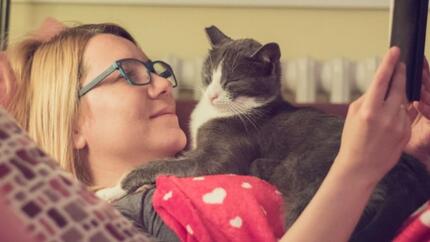 femme lisant le livre avec son chat la nuit