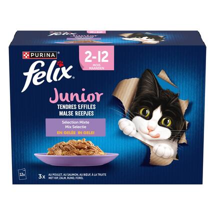 Emballage PURINA® FELIX® TENDRES EFFILES Junior Sélection aux Viandes et aux Poissons en Gelée Nourriture pour chaton
