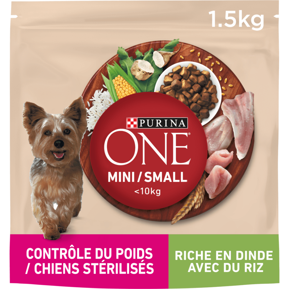PURINA®ONE® MINI/SMALL < 10kg Contrôle du Poids / Chiens stérilisés Riche en Dinde avec du Riz - Croquettes pour chien en sur