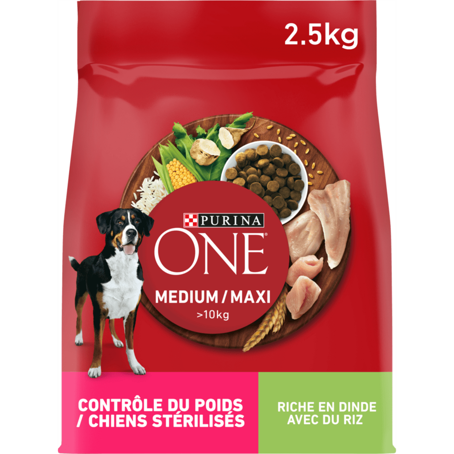PURINA® ONE® MEDIUM MAXI > 10kg Weight Control, Croquettes pour chien en surpoids ou stérilisé Riche en Dinde avec du Riz