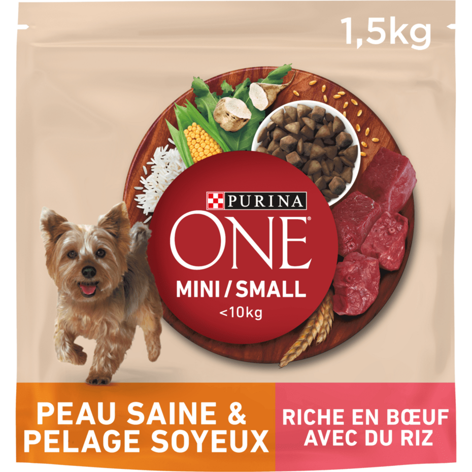 Purina® ONE® MINI/SMALL < 10kg Peau saine & Pelage soyeux Riche en Bœuf avec du riz - Croquettes pour petit chien Bienfaits