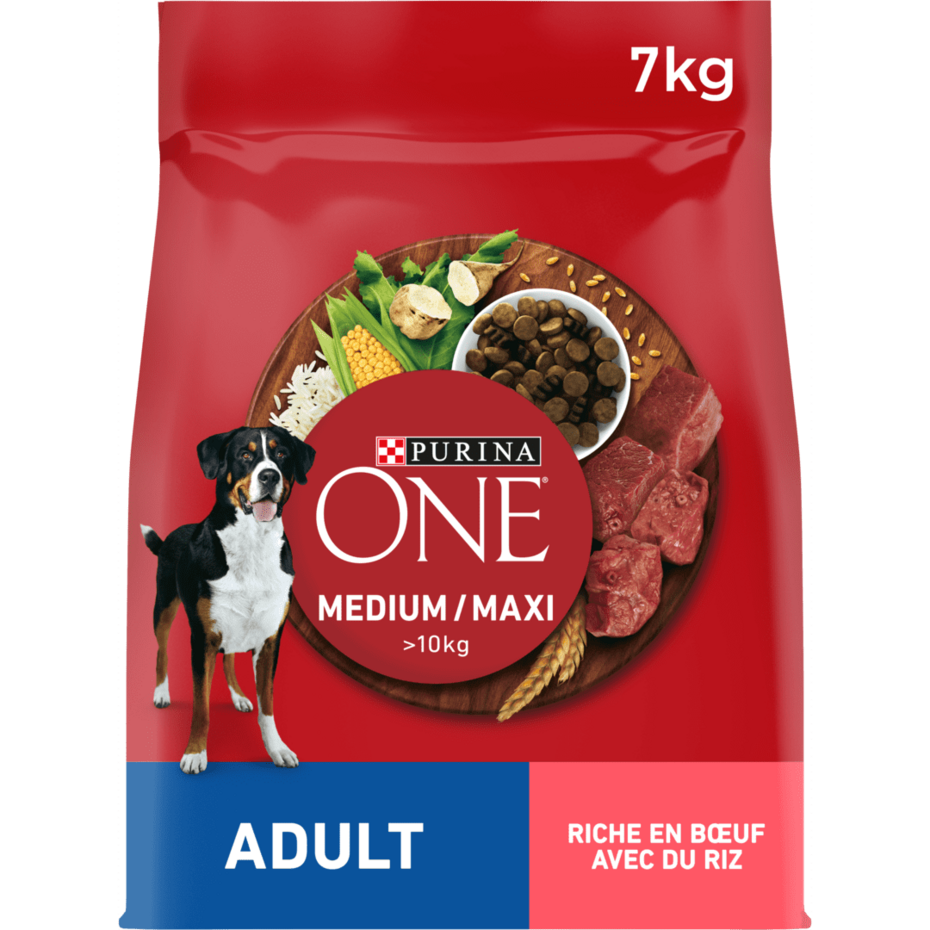 Purina® ONE® Medium / Maxi > 10kg Croquettes pour chien adulte Riche en Bœuf avec du Riz