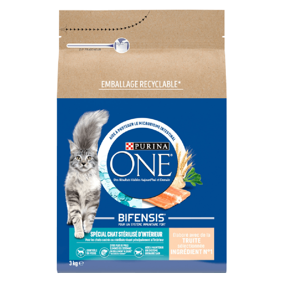 Purina® ONE® - Croquettes pour Chat Stérilisé d'Intérieur à la Truite et aux Céréales Complètes