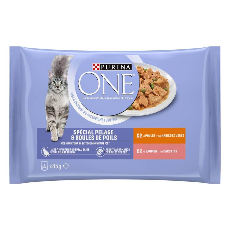 Purina® ONE® - Sachets pour Chat Spécial Pelage et Boules de Poils au Poulet et au Saumon
