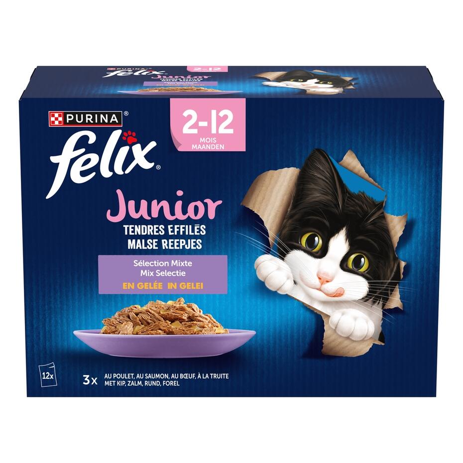 Emballage PURINA® FELIX® TENDRES EFFILES Junior Sélection aux Viandes et aux Poissons en Gelée Nourriture pour chaton