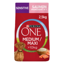 PURINA ONE® MEDIUM MAXI > 10kg Sensitive, Riche en Saumon avec du Riz - Croquettes pour chien à la digestion sensible ou à la