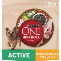 PURINA ONE® MINI/SMALL < 10kg Active, Croquettes pour petit chien actif Riche en Poulet avec du Riz