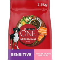 PURINA ONE® MEDIUM MAXI > 10kg Sensitive, Riche en Saumon avec du Riz - Croquettes pour chien à la digestion sensible ou à la