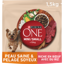 PURINA ONE® MINI/SMALL < 10kg Peau saine & Pelage soyeux Riche en Bœuf avec du riz - Croquettes pour petit chien Bienfaits