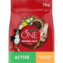 Purina® ONE® MEDIUM MAXI > 10kg Active, Croquettes pour chien actif Riche en Poulet avec du Riz -