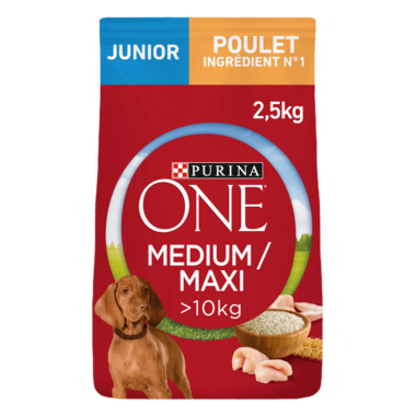 PURINA ONE® Medium / Maxi > 10kg Junior Riche en Poulet avec du Riz - Croquettes pour chiot
