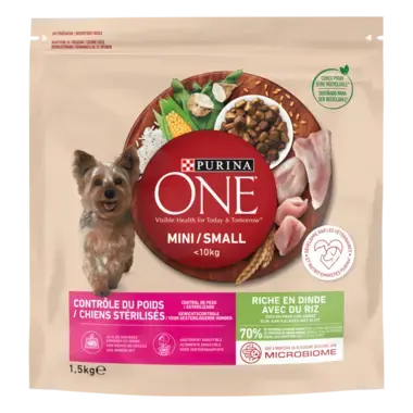 PURINA ONE® MINI/SMALL < 10kg Contrôle du Poids / Chiens stérilisés Riche en Dinde avec du Riz - Croquettes pour chien en sur
