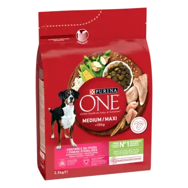 PURINA ONE® MEDIUM MAXI > 10kg Weight Control, Croquettes pour chien en surpoids ou stérilisé Riche en Dinde avec du Riz
