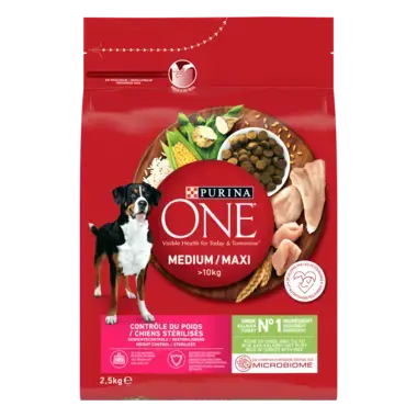 PURINA ONE® MEDIUM MAXI > 10kg Weight Control, Croquettes pour chien en surpoids ou stérilisé Riche en Dinde avec du Riz