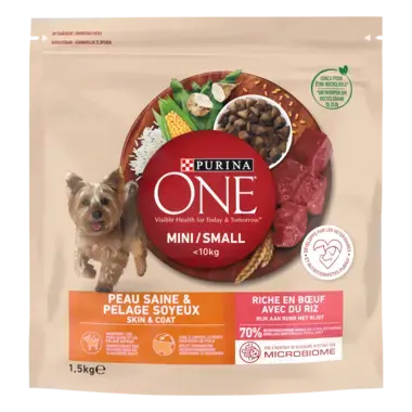 PURINA ONE® MINI/SMALL < 10kg Peau saine & Pelage soyeux Riche en Bœuf avec du riz - Croquettes pour petit chien Bienfaits