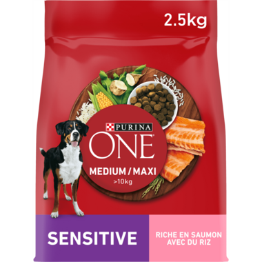PURINA ONE® MEDIUM MAXI > 10kg Sensitive, Riche en Saumon avec du Riz - Croquettes pour chien à la digestion sensible ou à la
