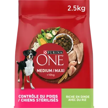 PURINA ONE® MEDIUM MAXI > 10kg Weight Control, Croquettes pour chien en surpoids ou stérilisé Riche en Dinde avec du Riz