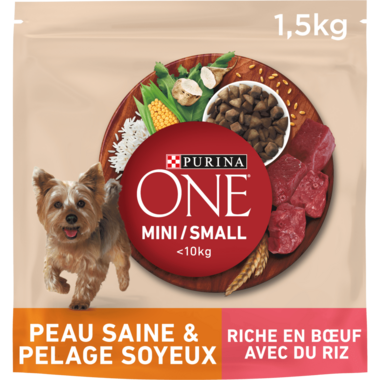 PURINA ONE® MINI/SMALL < 10kg Peau saine & Pelage soyeux Riche en Bœuf avec du riz - Croquettes pour petit chien Bienfaits