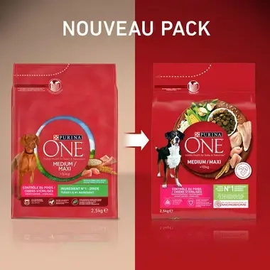 PURINA ONE® MEDIUM MAXI > 10kg Contrôle du Poids / Chiens stérilisés, Riche en Dinde avec du Riz