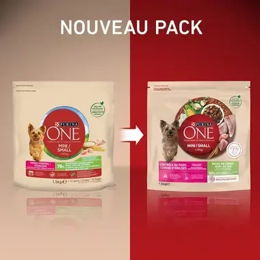 PURINA ONE® MINI/SMALL < 10kg WEIGHT CONTROL Croquettes pour chien en surpoids ou stérilisé Riche en Dinde avec du Riz