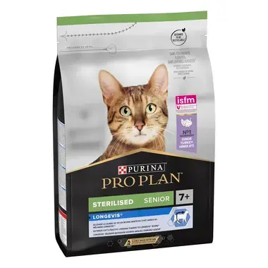 PURINA® PRO PLAN® Sterilised Senior LONGEVIS® Riche en Dinde - Croquettes pour chat améliorant la qualité de vie.