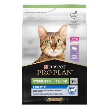 PURINA® PRO PLAN® Sterilised Senior LONGEVIS® Riche en Dinde - Croquettes pour chat améliorant la qualité de vie.