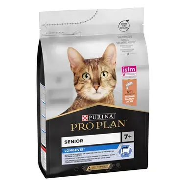PURINA® PRO PLAN® Senior LONGEVIS® Riche en Saumon sont des croquettes formulées pour allonger la durée de vie en bonne santé