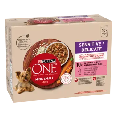 PURINA ONE ® MINI/SMALL < 10kg Sensitive - Effilés en Sauce au Saumon, au Riz et aux Carottes_2