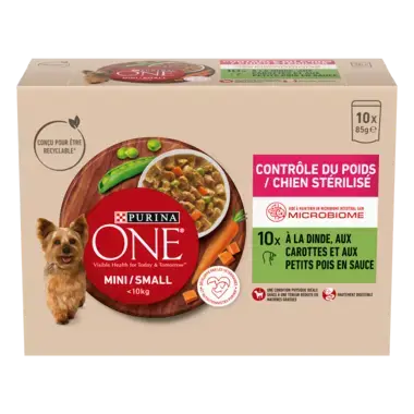PURINA ONE ® MINI/SMALL < 10kg Contrôle du Poids / Chien Stérilisé - Effilés en sauce à la Dinde, aux carottes et aux petits