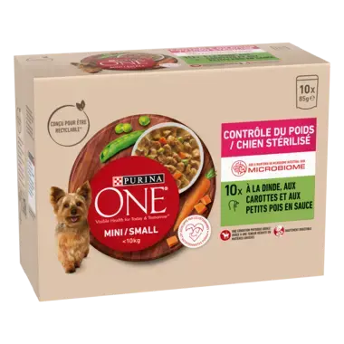 PURINA ONE ® MINI/SMALL < 10kg Contrôle du Poids / Chien Stérilisé - Effilés en sauce à la Dinde, aux carottes et aux petits2