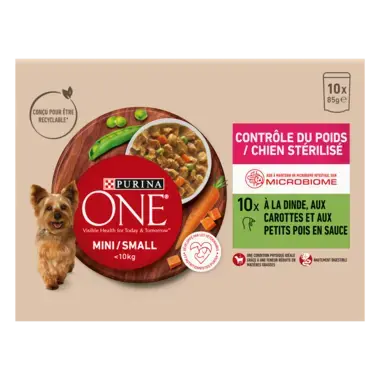 PURINA ONE ® MINI/SMALL < 10kg Contrôle du Poids / Chien Stérilisé - Effilés en sauce à la Dinde, aux carottes et aux petits3