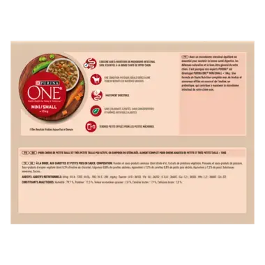 PURINA ONE ® MINI/SMALL < 10kg Contrôle du Poids / Chien Stérilisé - Effilés en sauce à la Dinde, aux carottes et aux petits4