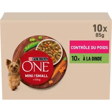 PURINA ONE ® MINI/SMALL < 10kg Contrôle du Poids / Chien Stérilisé - Effilés en sauce à la Dinde, aux carottes et aux petits5