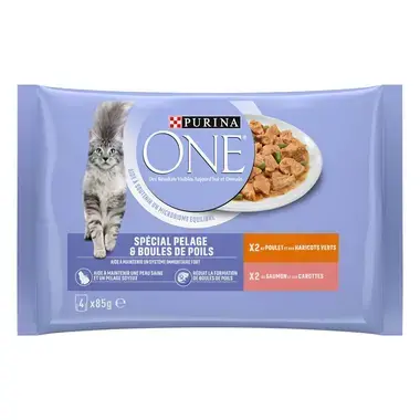 Purina® ONE® - Sachets pour Chat Spécial Pelage et Boules de Poils au Poulet et au Saumon