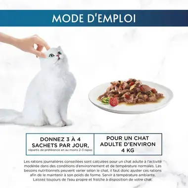 Rations journalières conseillées Gourmet Perle filettines legumes et veau pour un chat adulte à l'activité modéré