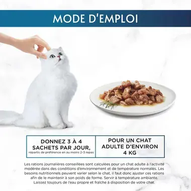 Rations journalières conseillées Gourmet Perle effiles plaisirs de la mer pour un chat adulte à l'activité modéré