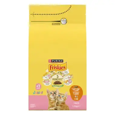 FRISKIES ® JUNIOR Pour CHATONS - Croquettes avec un délicieux mélange de Poulet et de Dinde avec du Lait