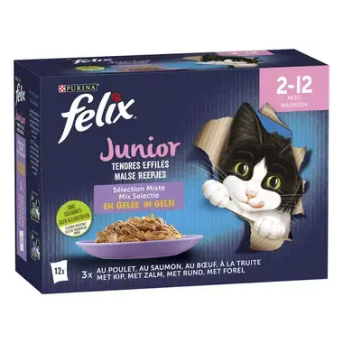 Emballage PURINA® FELIX® TENDRES EFFILES Junior Sélection aux Viandes et aux Poissons en Gelée Nourriture pour chaton