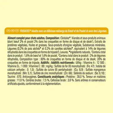 FRISKIES® CHAT ADULTE - Croquettes avec un délicieux mélange de Bœuf et de Poulet avec des Légumes