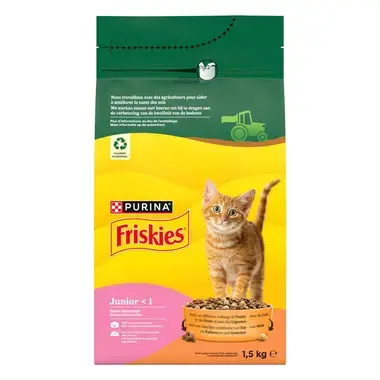 FRISKIES ® JUNIOR Pour CHATONS - Croquettes avec un délicieux mélange de Poulet et de Dinde avec du Lait