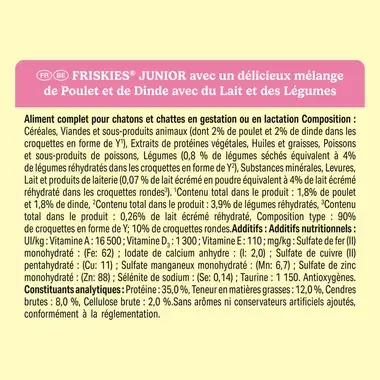 FRISKIES ® JUNIOR Pour CHATONS - Croquettes avec un délicieux mélange de Poulet et de Dinde avec du Lait